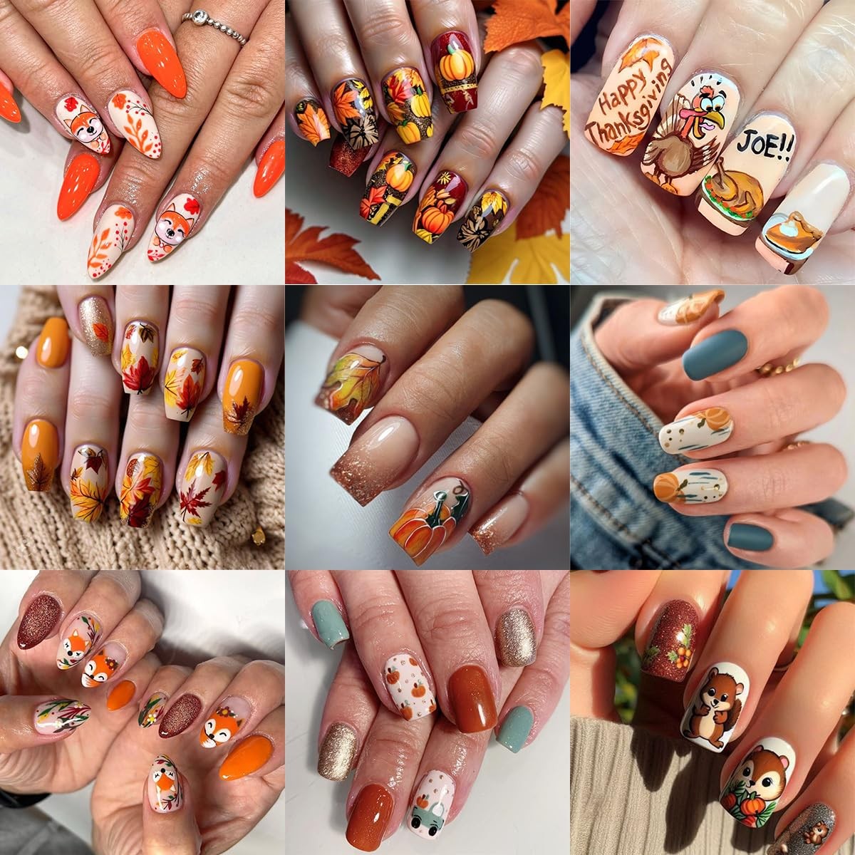 6 Sheet Thanksgiving Turkey Nail Stickers for Art 5D Embossed Orange