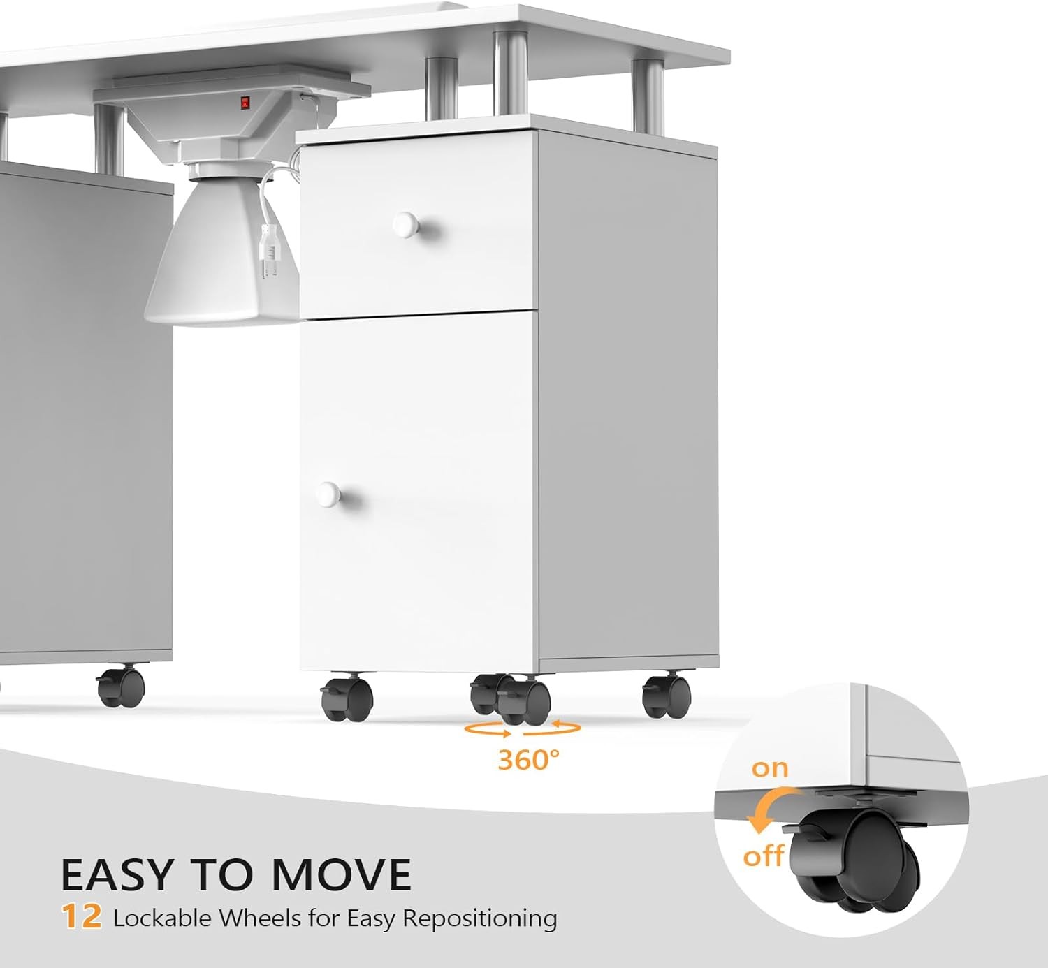 Rolling Double Manicure Table with Dust Collector & Drawers, Nail Table Station