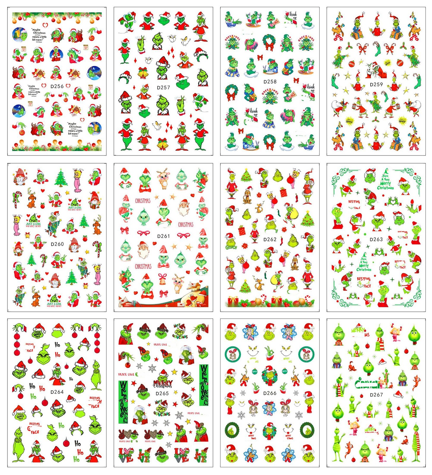 12Sheets Christmas Nail Art Stickers Green Fun Cartoon Santa Claus Designs Na…