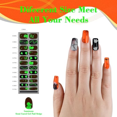 1 Sheet 24pcs Halloween Luminous Semi Cured Gel Nail Strips, Sticky Design 4