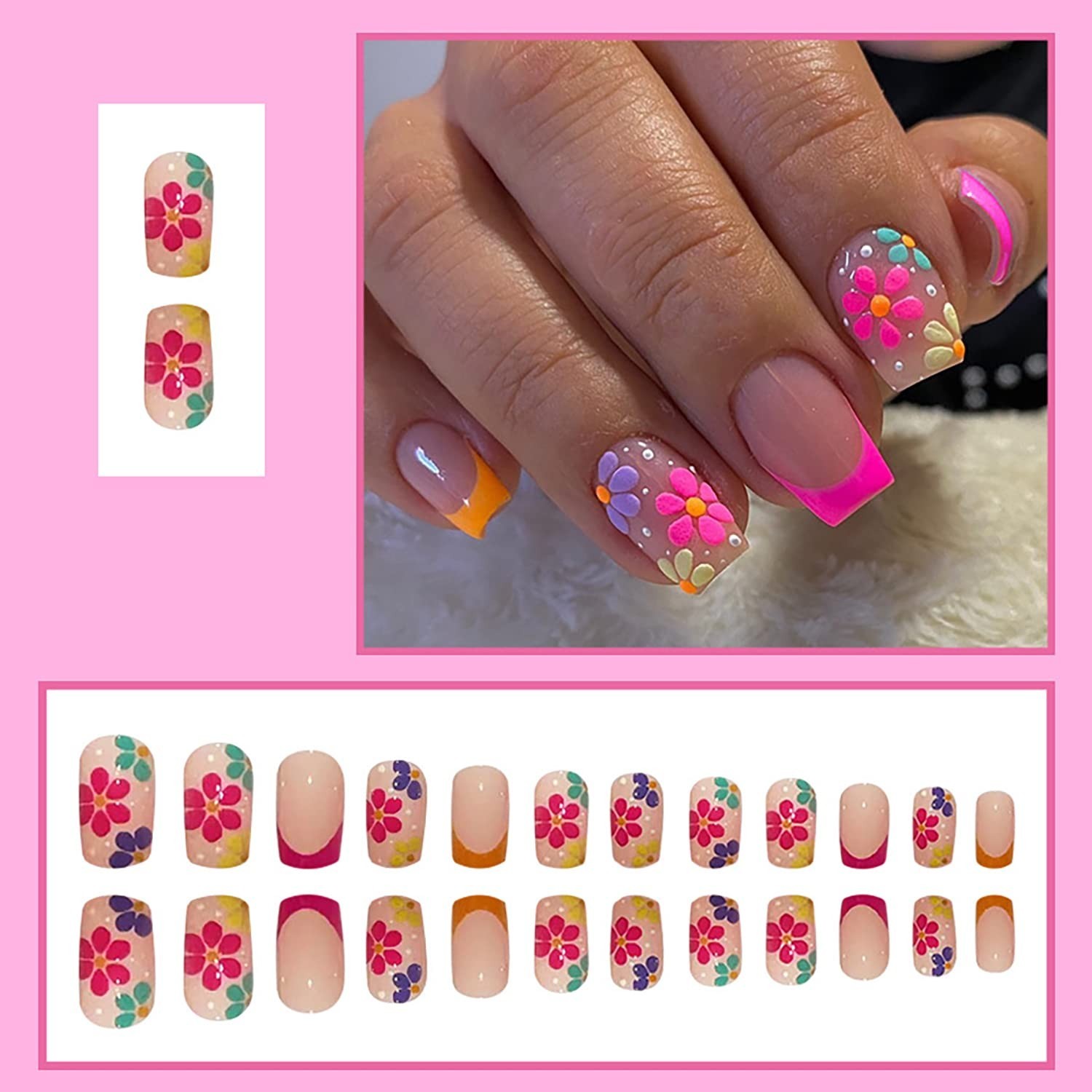 24-Pack Short Square French Tip Fake Nails – Glossy Nude Pink with Flowers