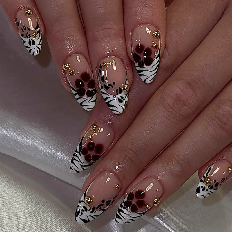 48Pcs-Long Almond Nude Zebra Print Burgundy Flower Gold Stud Press on Nails Set