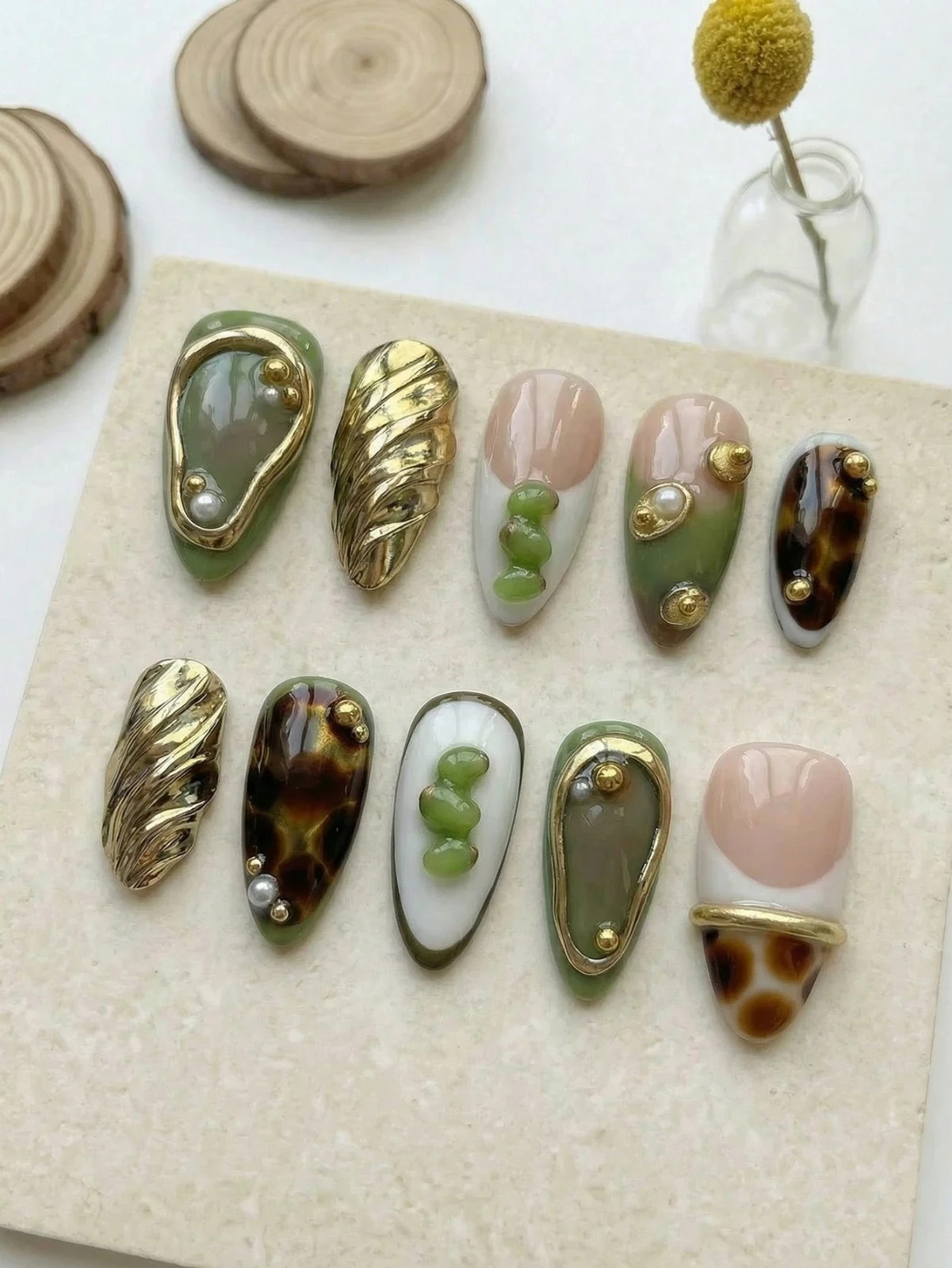 10PCS Handmade Almond Press On Nails Zebra Tortoise French Metal Charms Reusable