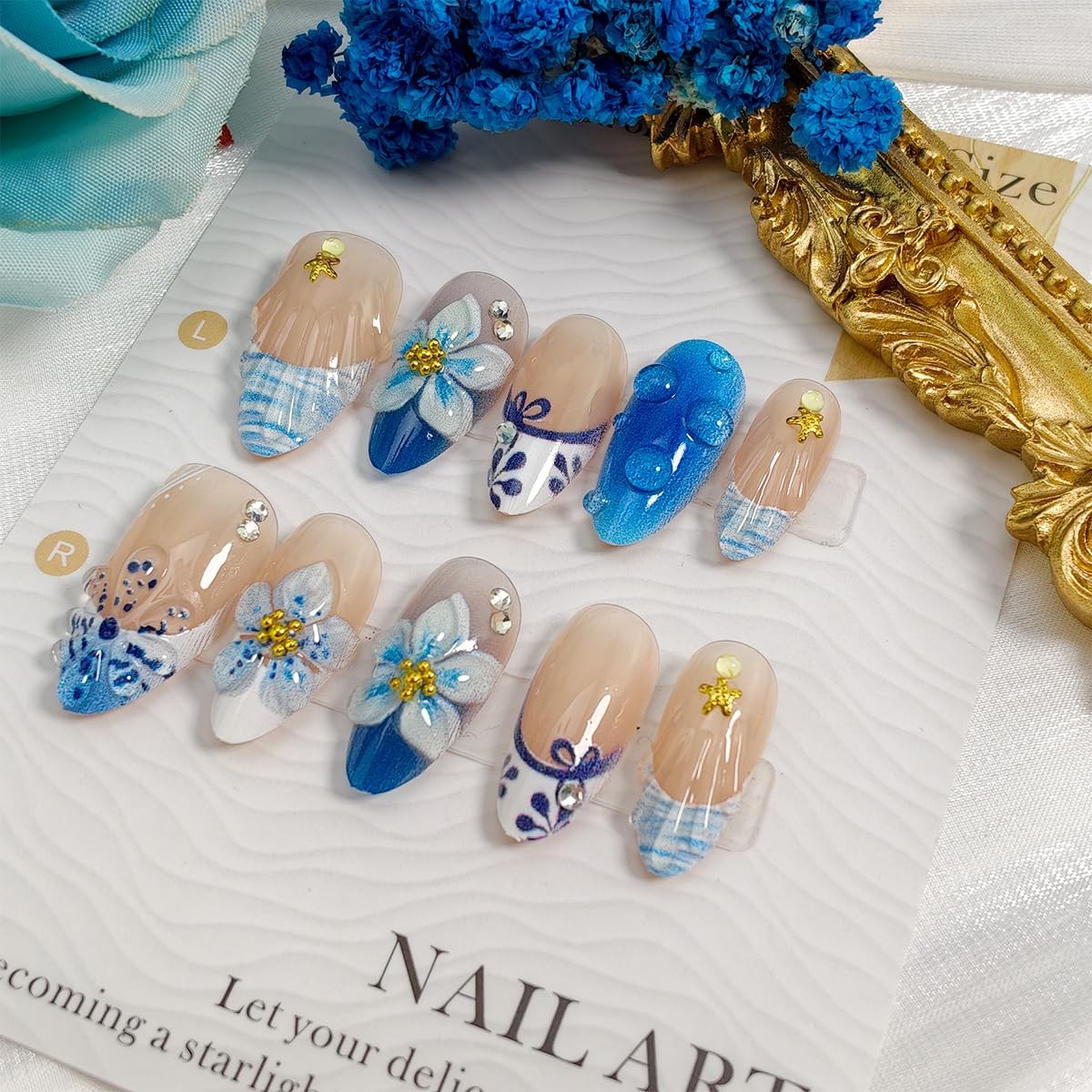 BMKKOT Blue Flower Starfish Almond Press On Nails