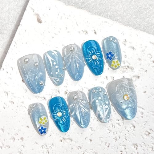 30Pcs Blue Ombre Press on Nails Short Almond Fake Nails Blue Beach Flower-4