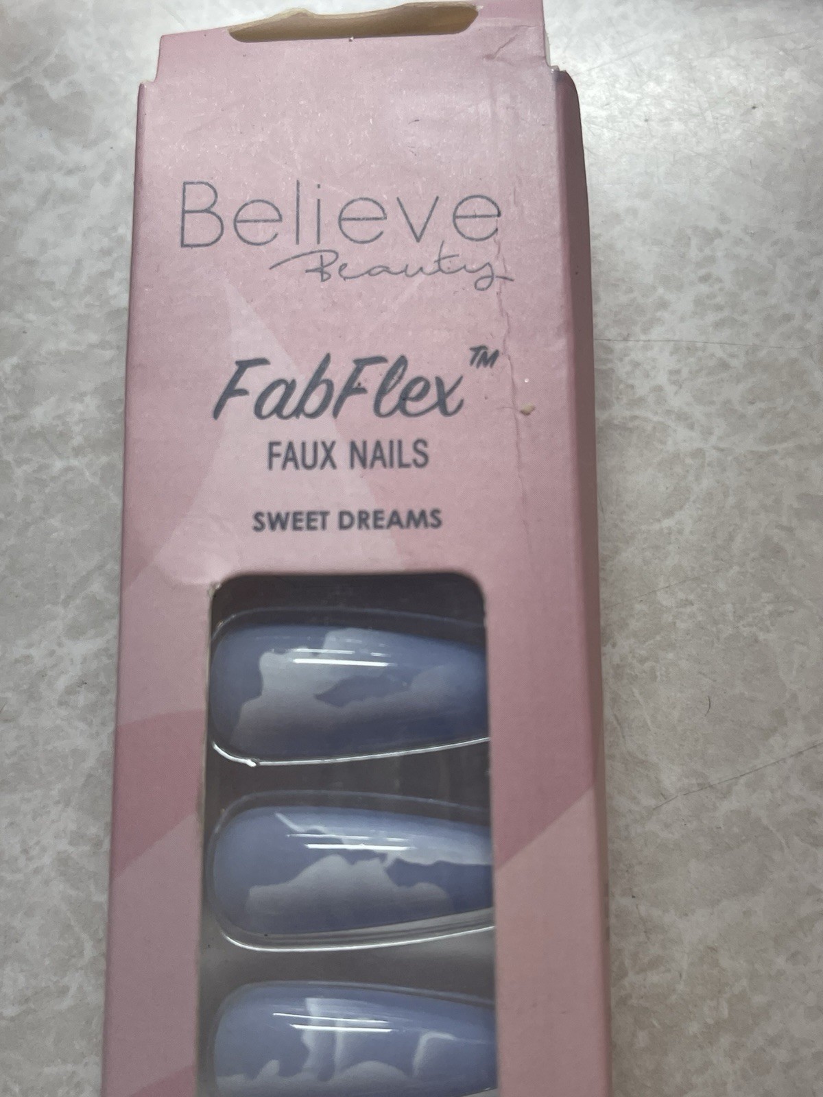 Believe Faux Nails Fab Flex Long Coffin Shaped Sweet Dreams Blue Clouds ~24 Ct~