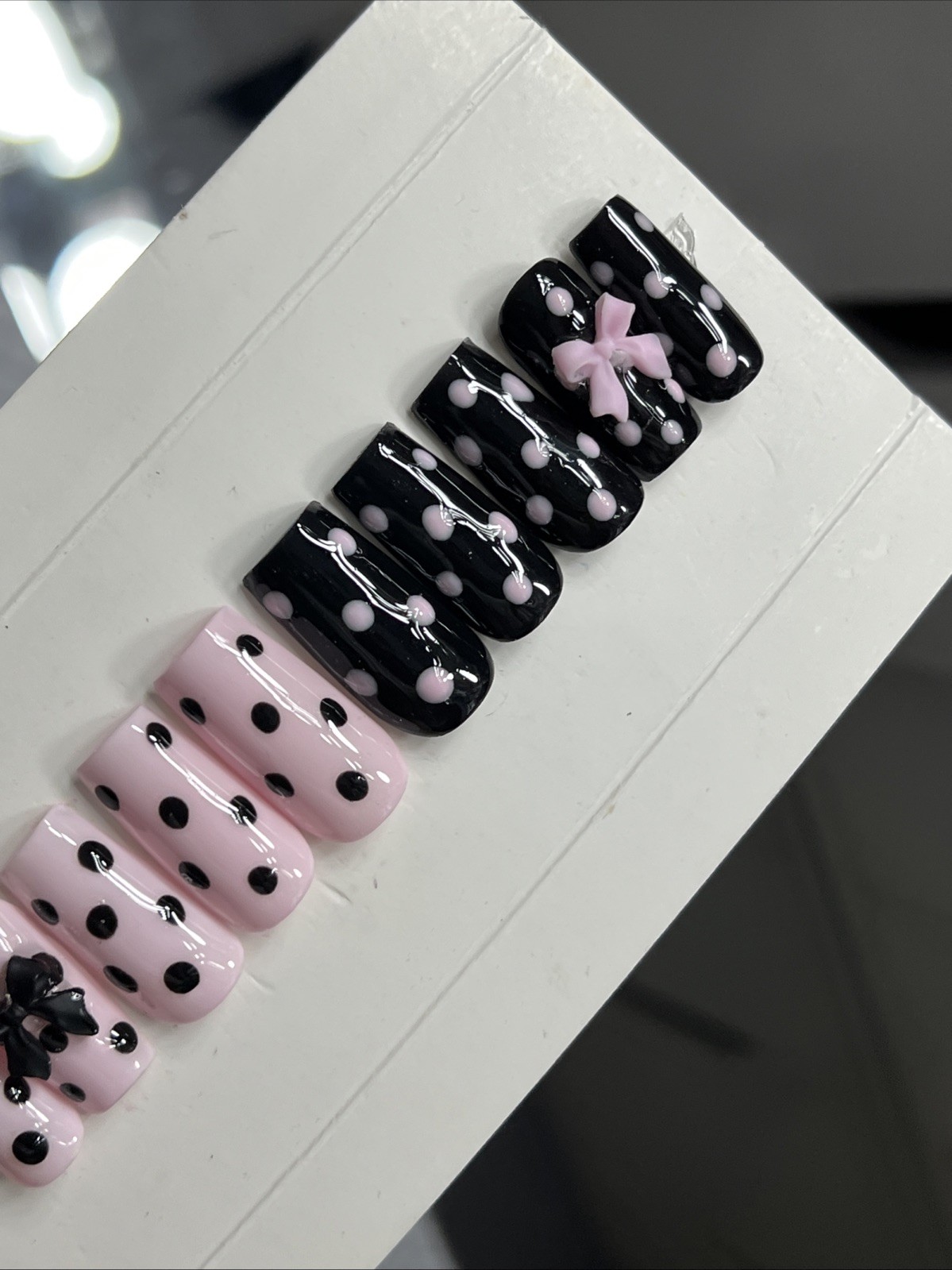 🌸 CUSTOM Press On Nails PINK BLACK POLKA DOTS BOW 10p SET W Kit