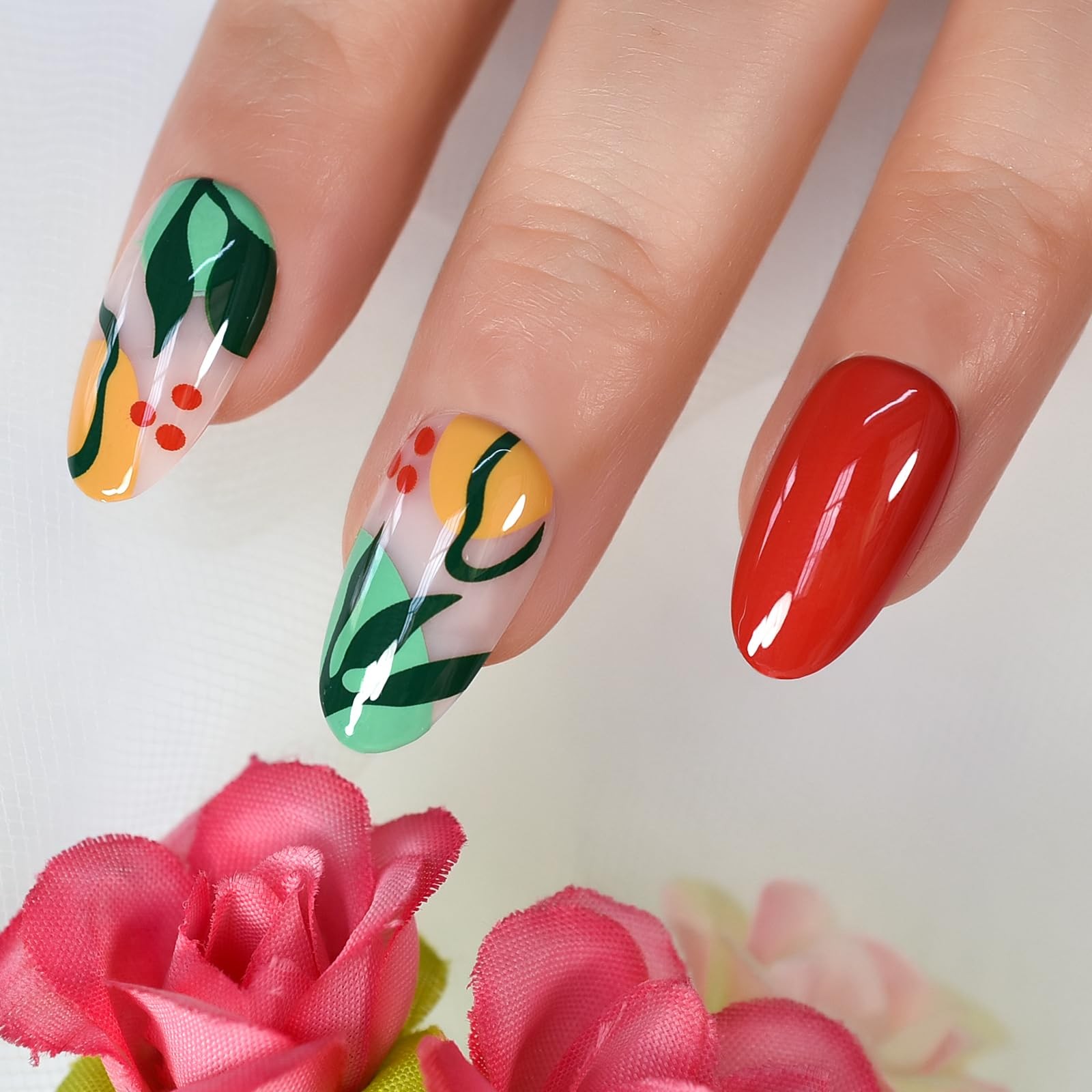 Pre-design Press On Nails Glossy Green Red False Nails Medium Long Nail Art T…