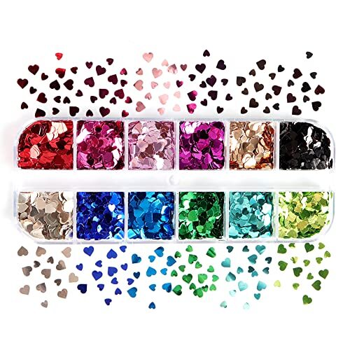 Heart Glitter Sequins for Valentine’s Day Nail Art,12 Colors 3D Holographic