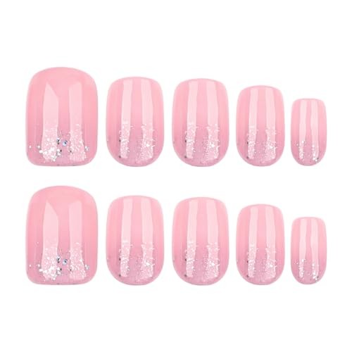Nude Pink Press on Nails – Short Square Round – Base Glitter Design – Reusable