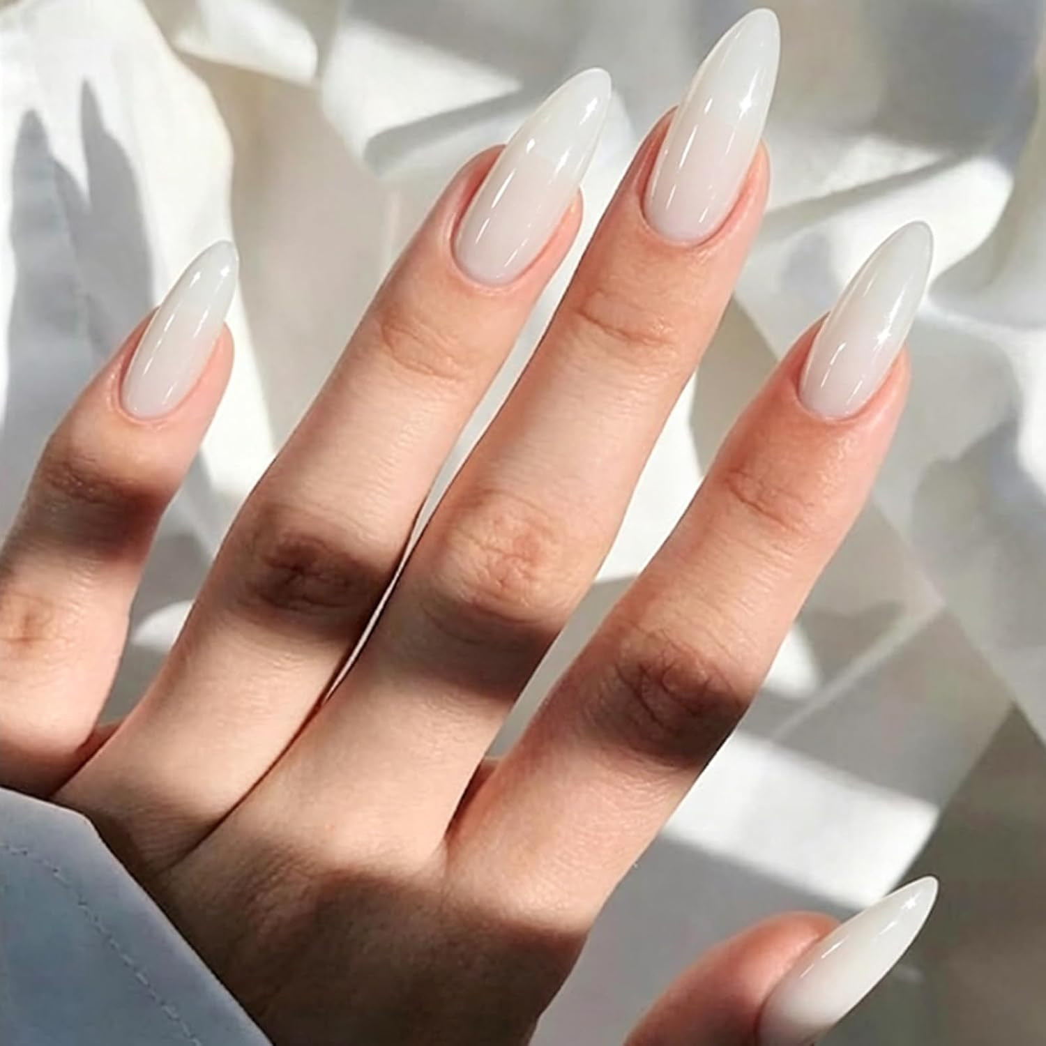 Milky White Almond Press on Nails Medium Fake Nails for Women | Glossy, Acrylic