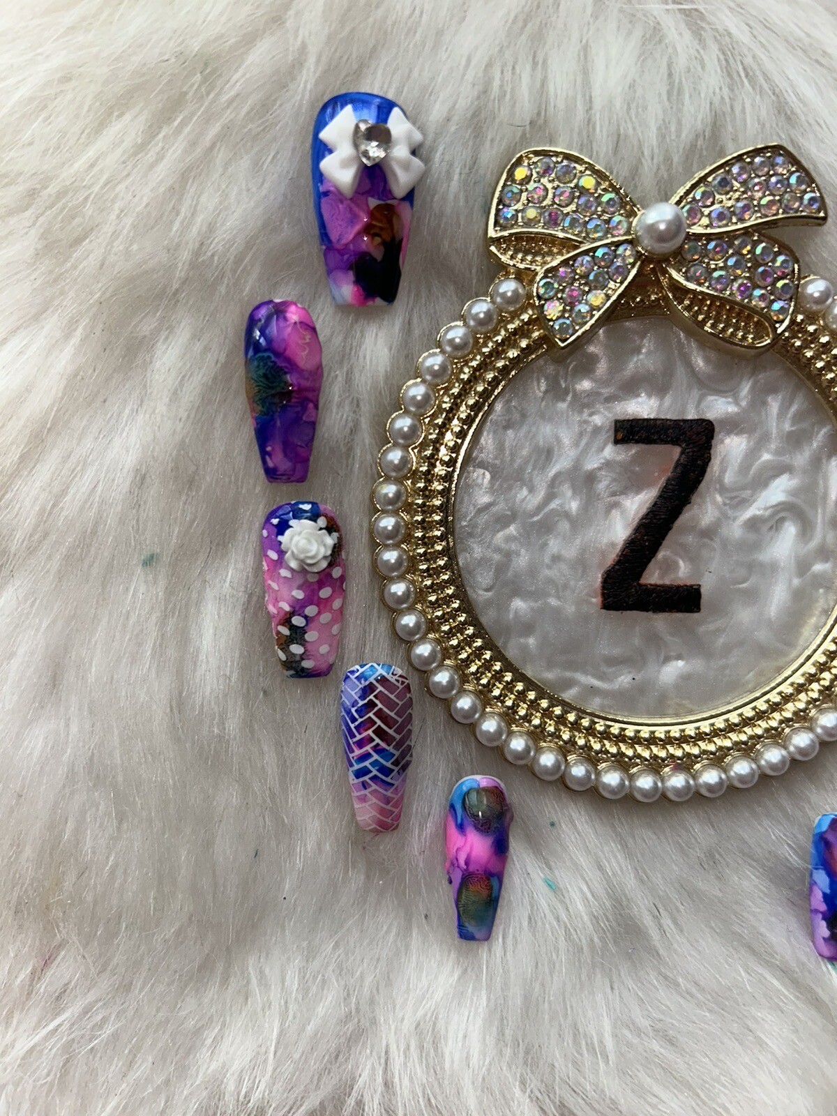 Z NAILZ! Handmade Tie Dye L Coffin W/White Stamps, Bows And Roses Press On Nails