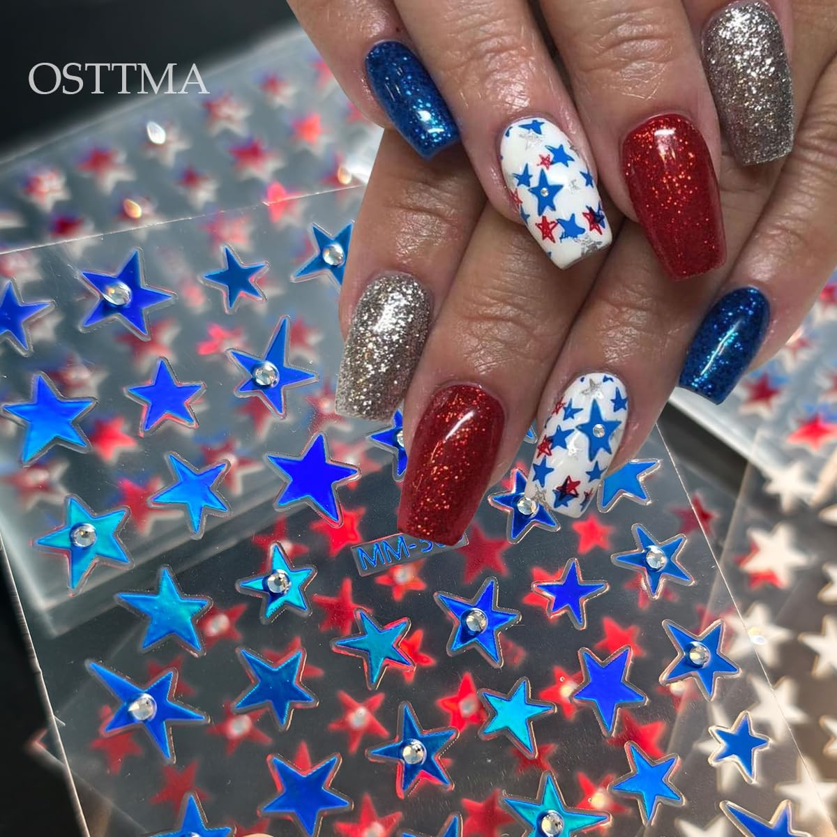 Independence Day Nail Stickers for Nail Art, Shiny Star Nail Decals Rhinestones
