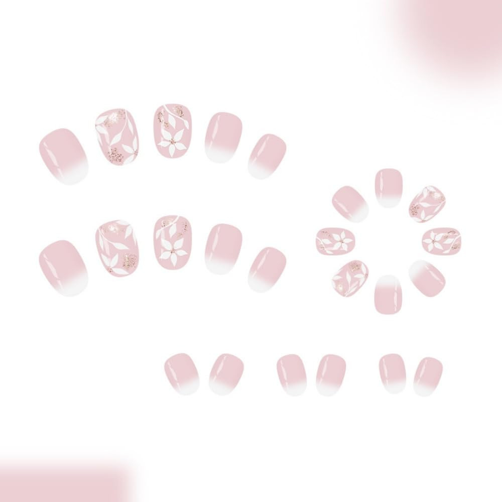 Flower Press on Nails Short Oval Fake Nails with Glitter Design Glossy Ombre
