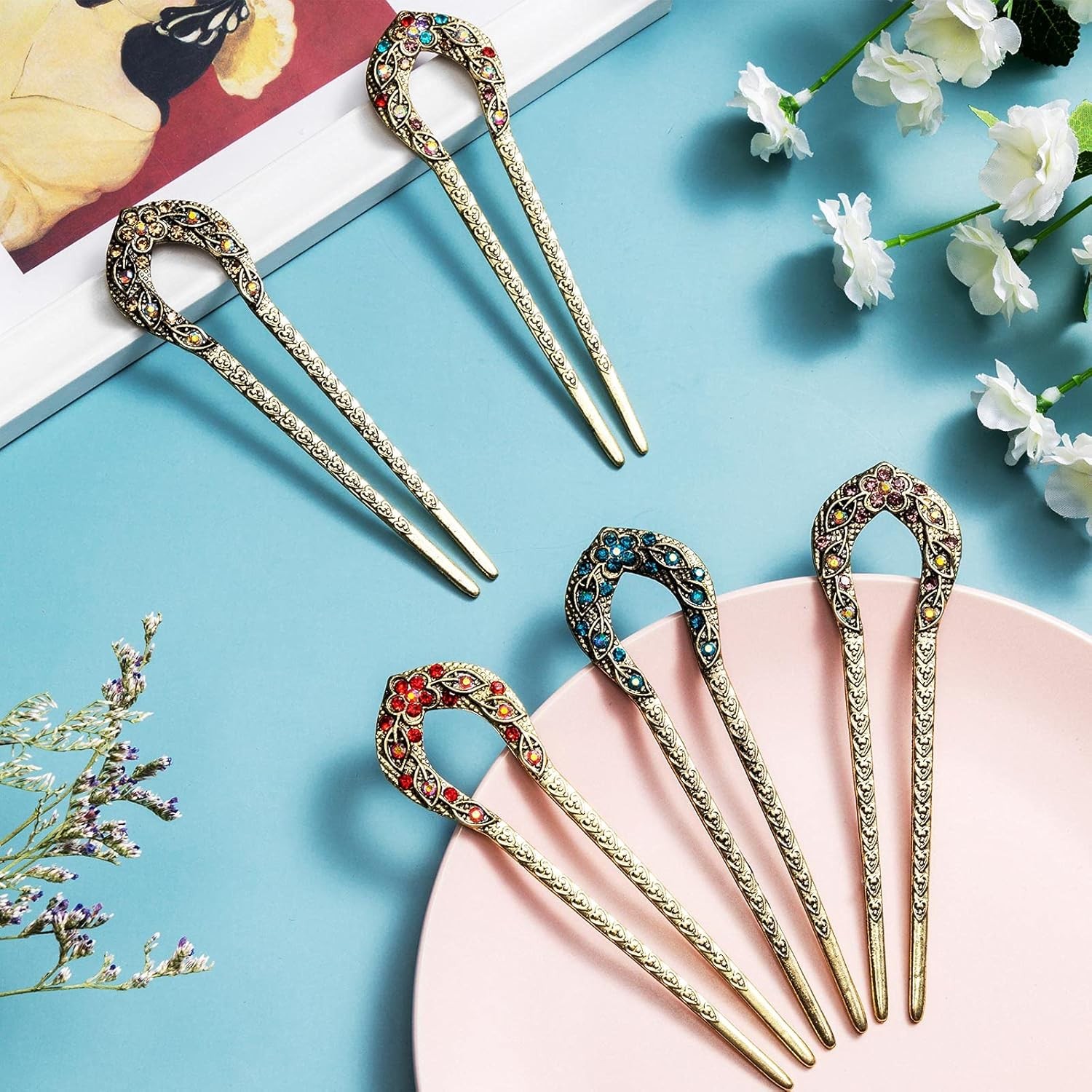 Waydress 5 Pcs Vintage Hair Fork French Pin for Buns Blue,Purple,Red