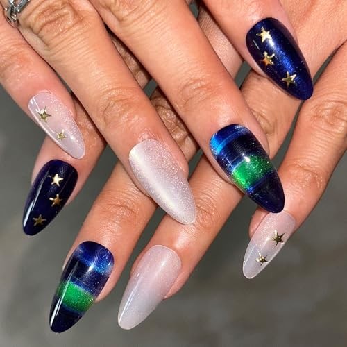 24 Pcs Green Blue Ombre Press On Nails – Cat Eye – Medium Almond Fake Nails