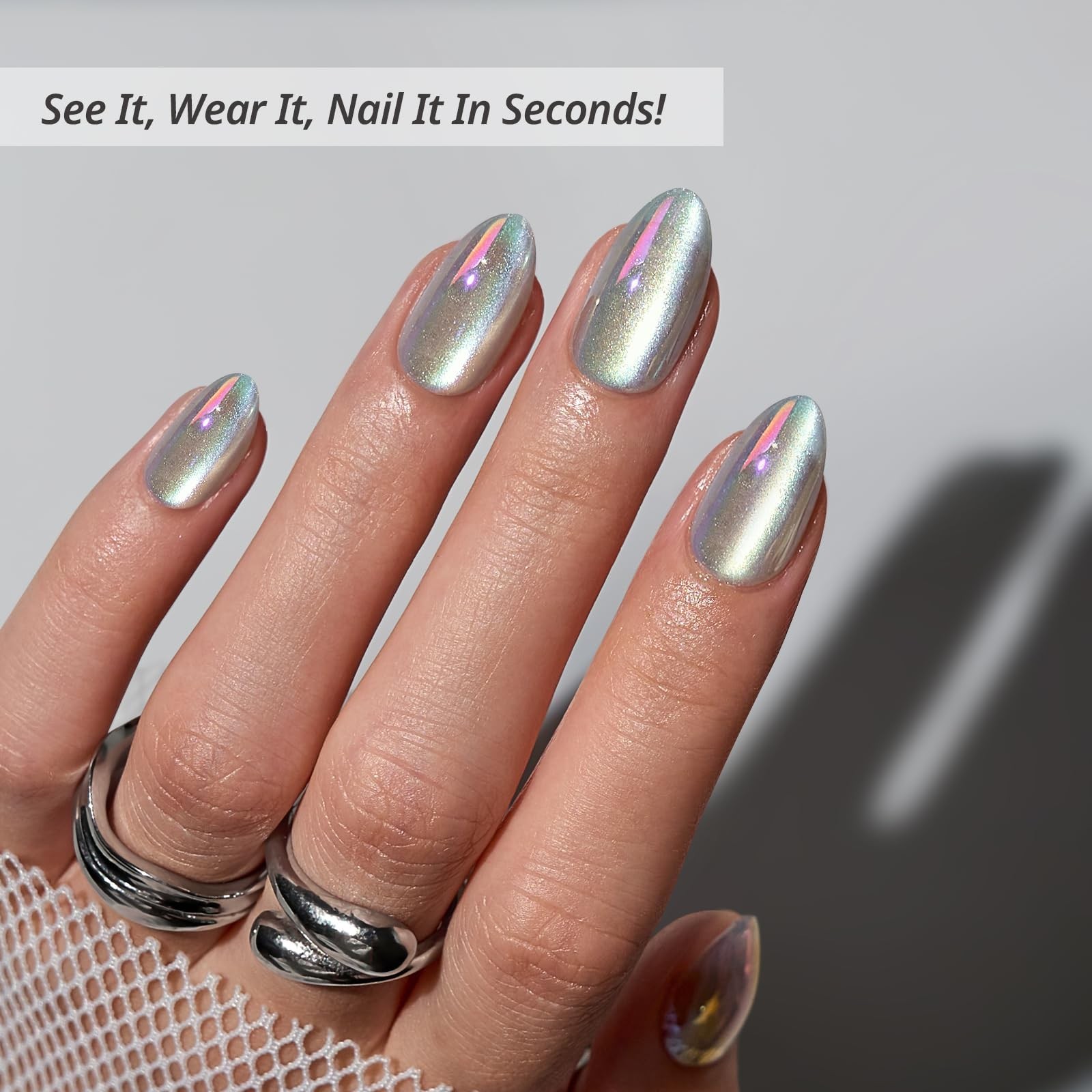 Short Chrome Cat Eye Almond Press On Nails Kit – 32 Opaque Soft Gel Nails, 16 Si
