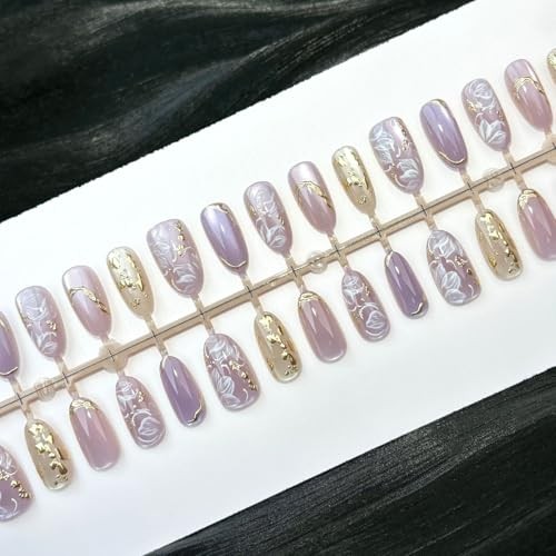 30Pcs Purple Glitter Press on Nails Medium Almond Fake Purple Glitter Flower-11