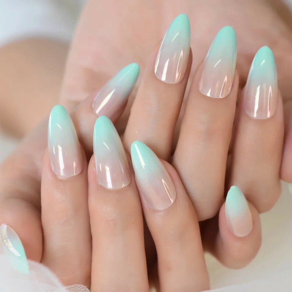 24 Ombre Mint Green Press On Nails w/ Glue Nude pointed almond stiletto ethereal