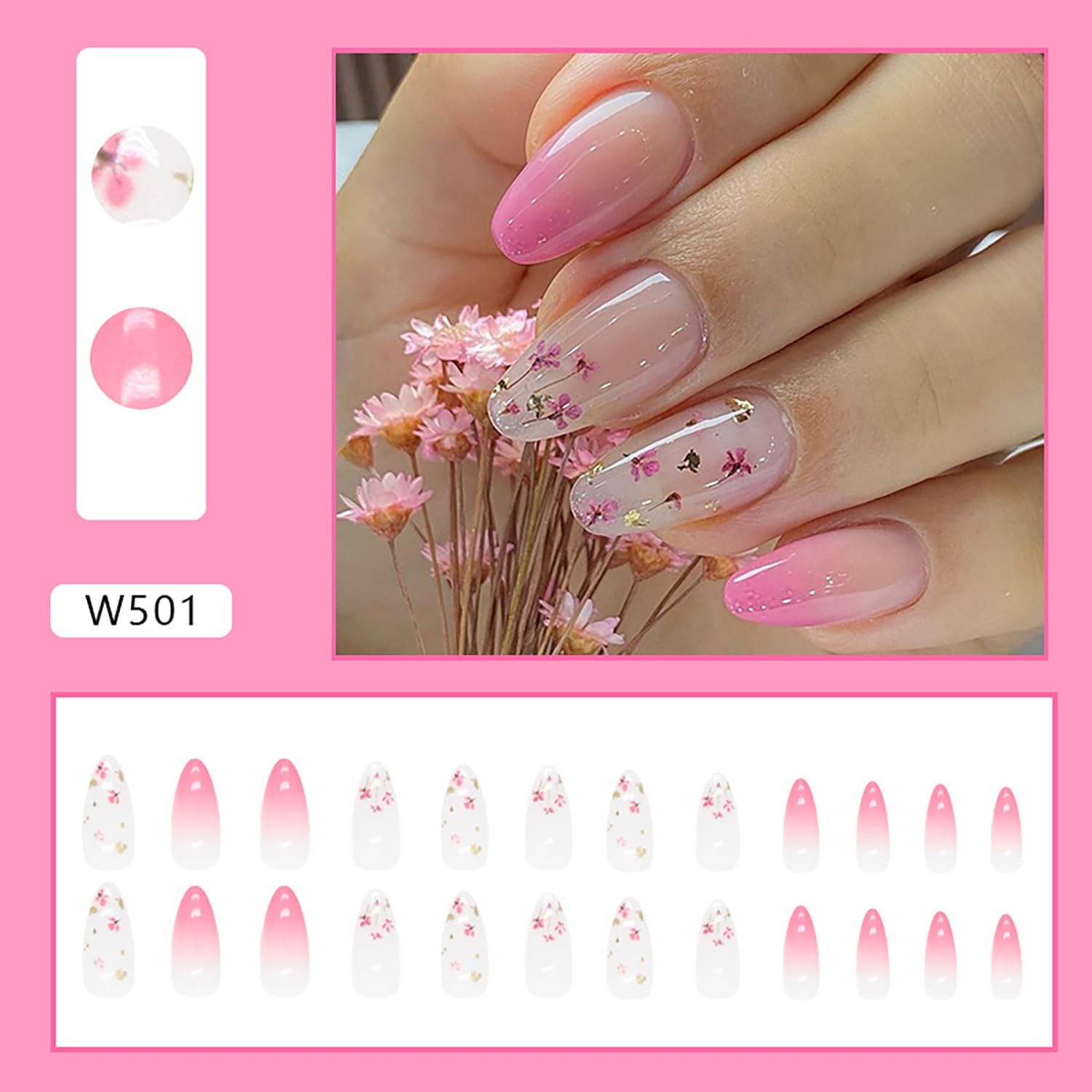Almond Press on Nails Tip Medium, Artificial Fake Nails with Cute Flower Desi…