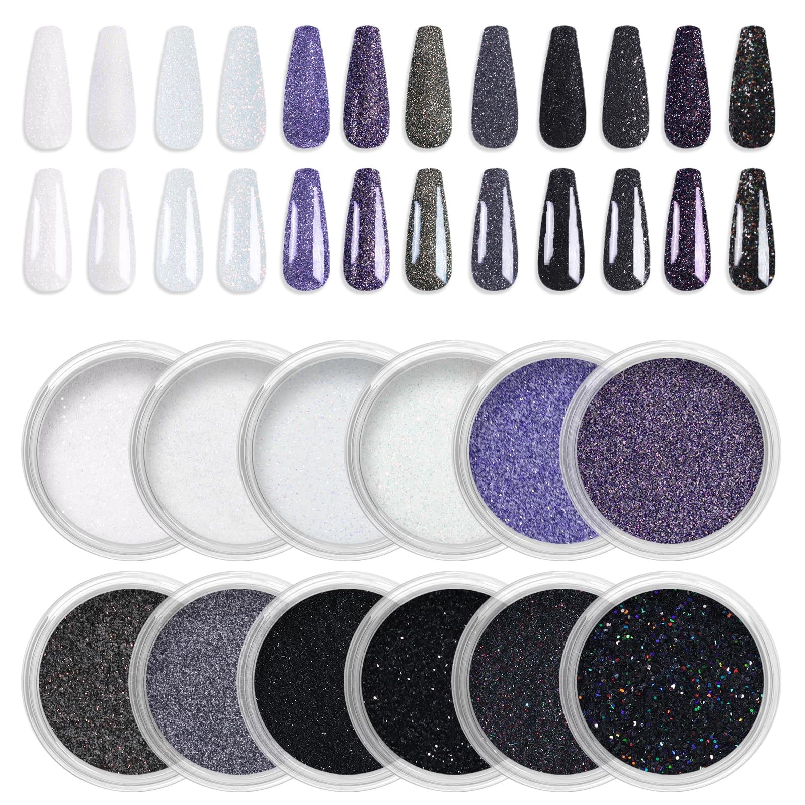 12 Colors Nail Glitter Powder Shining Sugar Effect Glitter Black White Dust S…