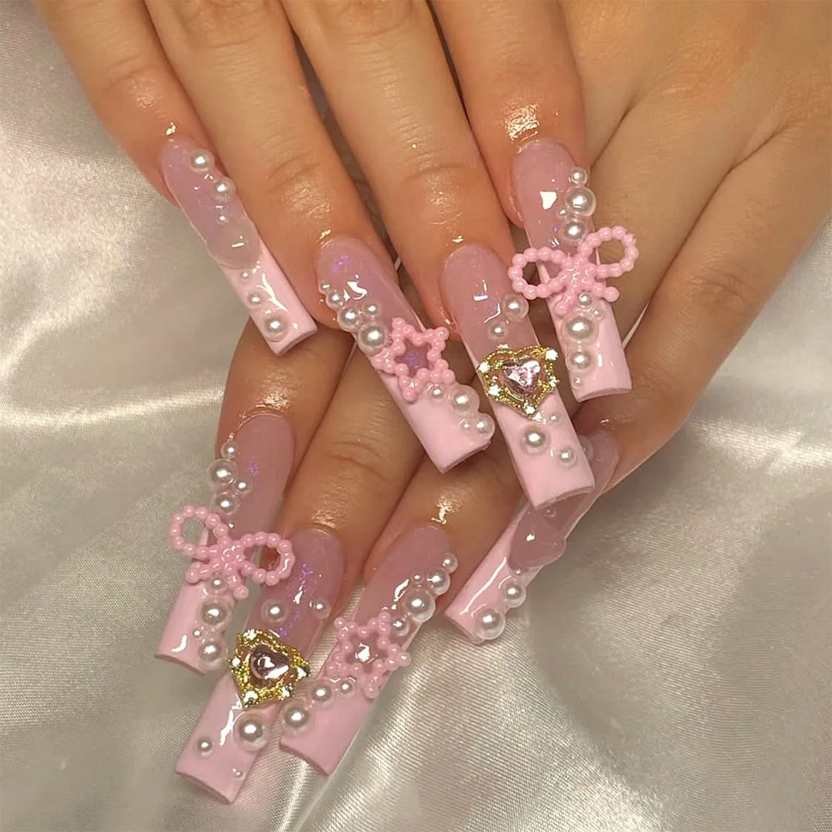 24pcs 3D Flower Bowknot False Nails Y2K Long Coffin Press On Nails