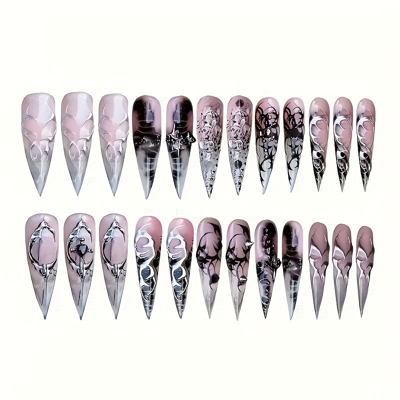 48pcs Edgy Black Thorn Decor Press On Nails Punk Gothic Long Stiletto Fake Nails