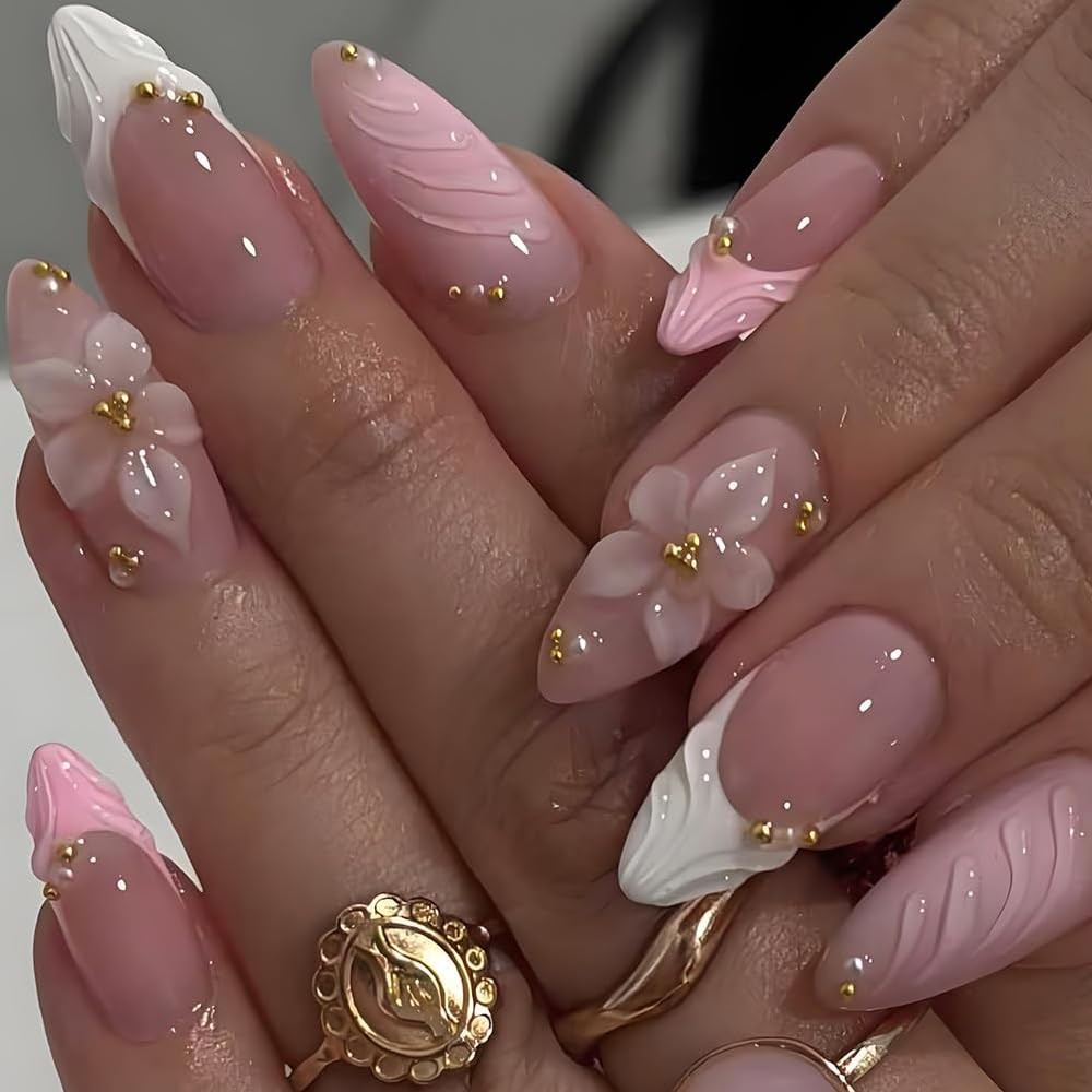 LPOODDNU Press on Nails Medium, pink french tip flower