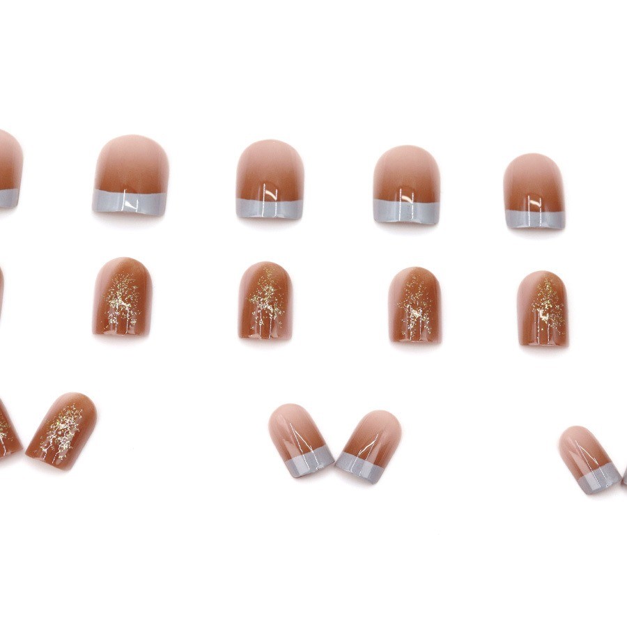 48 Pcs Grey French Gold Foil Press on Nails, Short Square Nude Daily Fake Nails