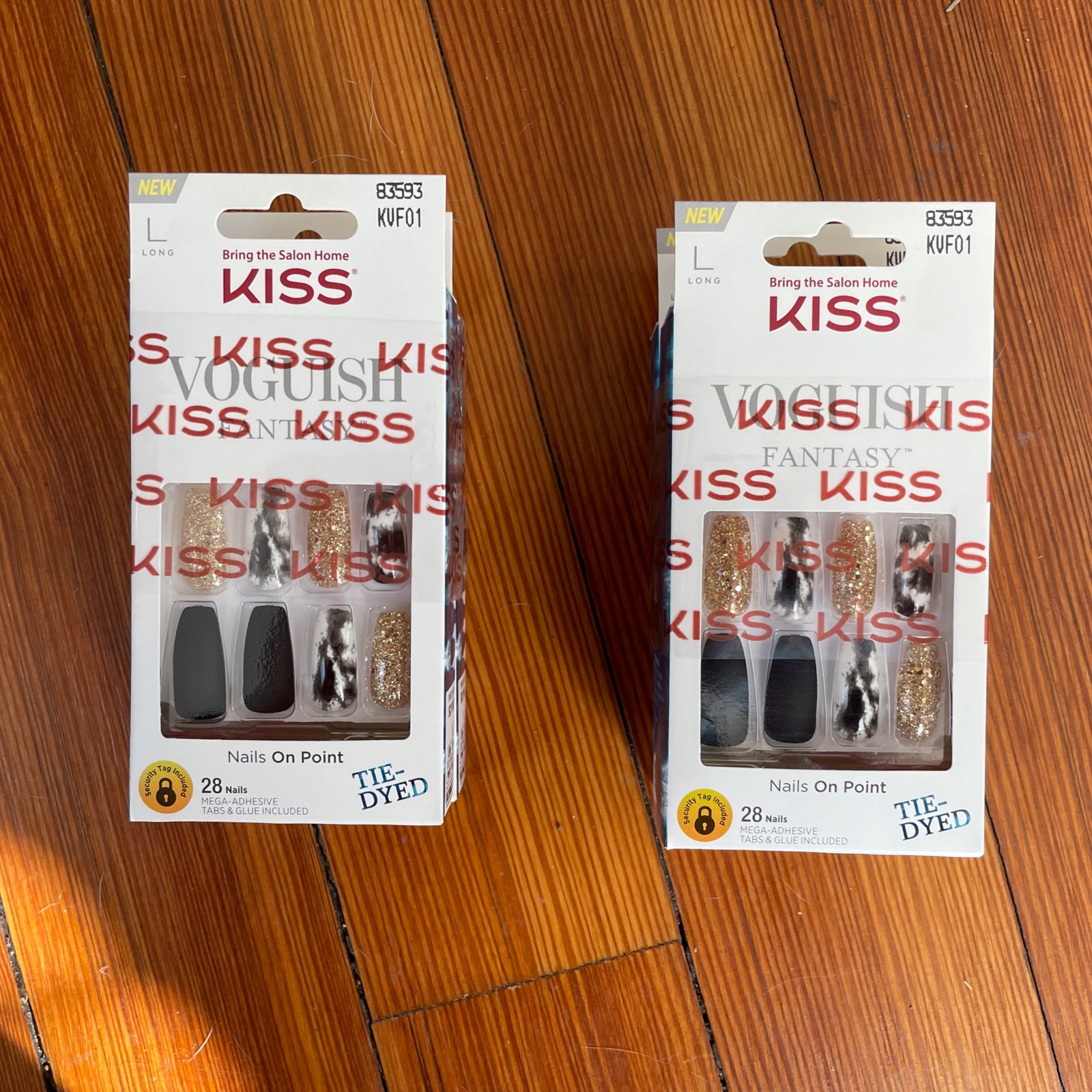 😍 4 NEW PACKS LOT – KISS Voguish Fantasy GEL Nails – Long TIE-DYE GOLD BLACK 😍