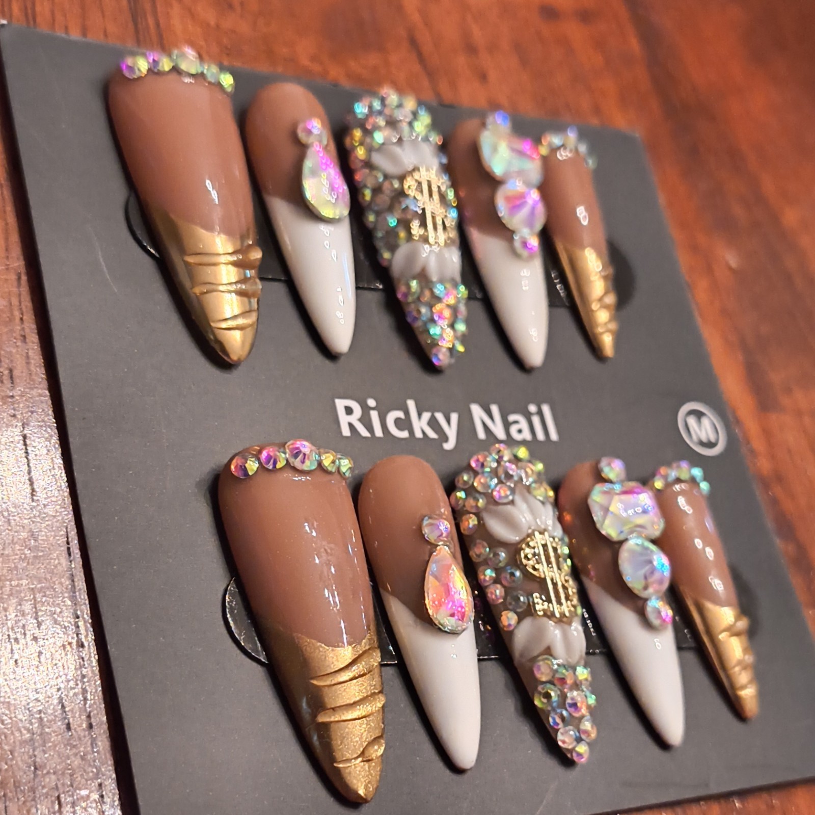 Ricky Nail Press-On Nails Long Stiletto Brown White Gold Rhinestone 3D Shiny