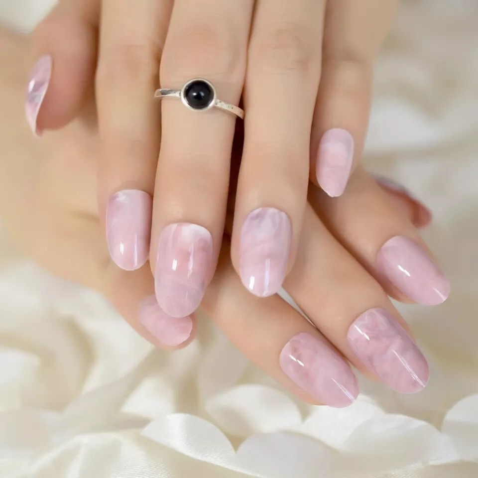 24 Rose Quartz Press On Nails Glue On Kit Pink Marble Almond oval short medium