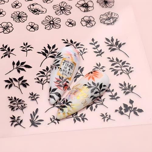 12 Sheets Black Nail Art Stickers 3D Self Adhesive Black Flower Nail Style 3