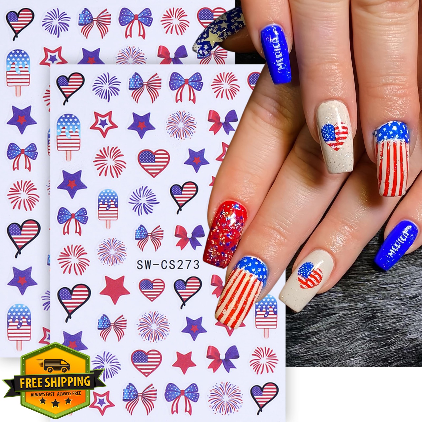 Aoustratum 6 Sheets 4th July Nail Stickers Flag Firework