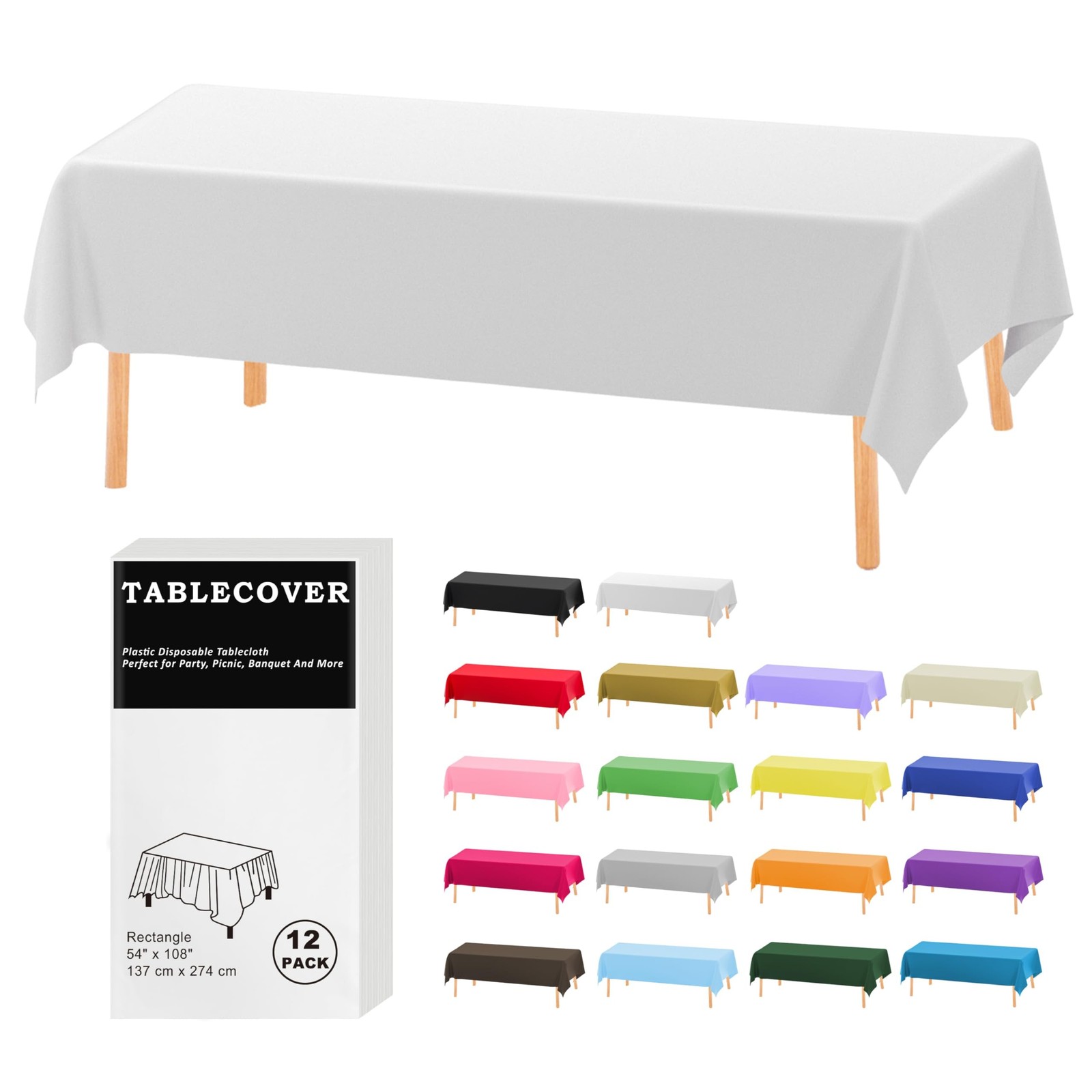 D&Z Plastic Table Cloth Disposable, 12 Pack White Rectangle Tablecloth Indivi…