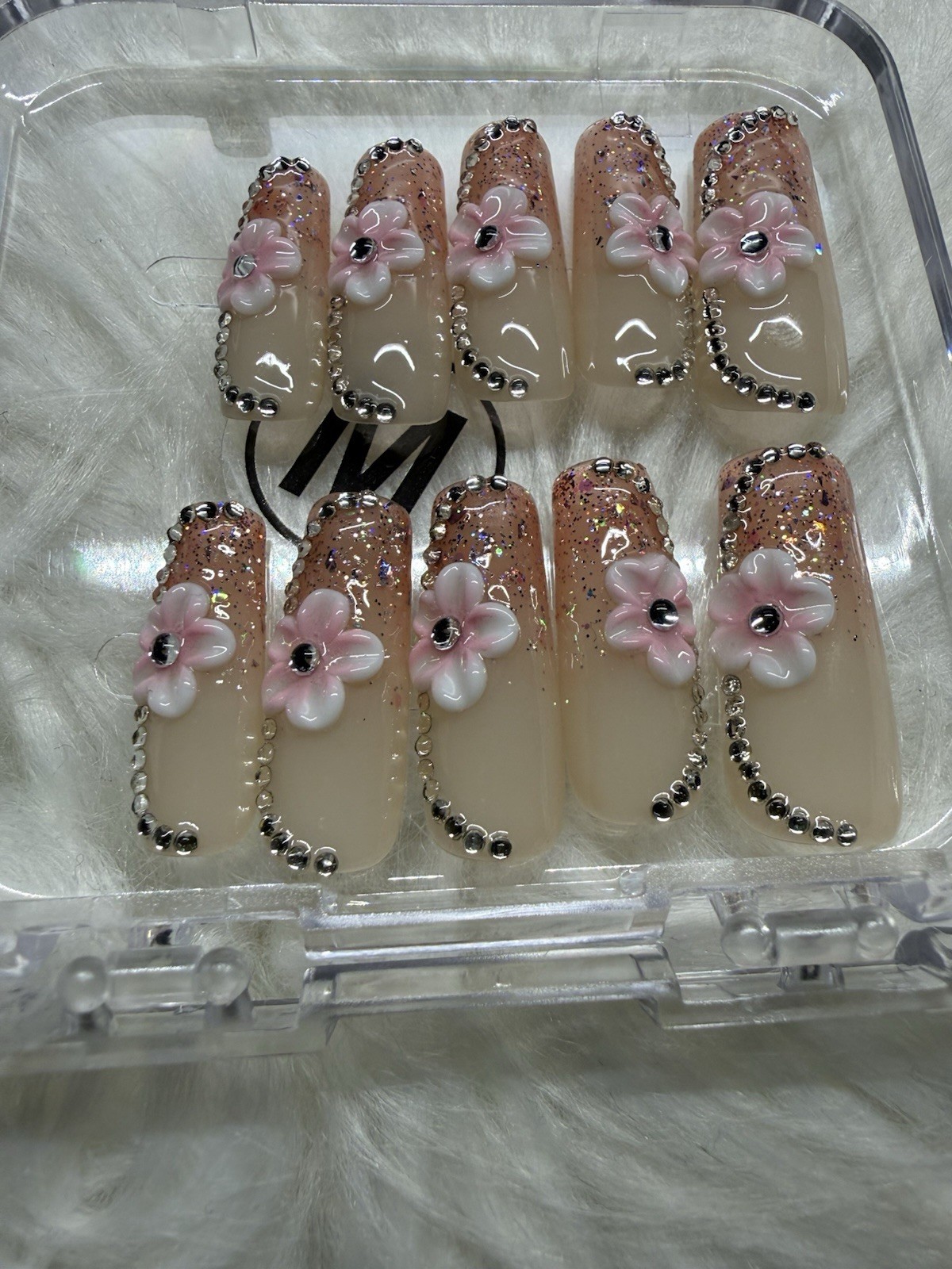 Long Coffin Press-On Nails Beige Pink 3D Shiny Flowers Rhinestone Full Cover