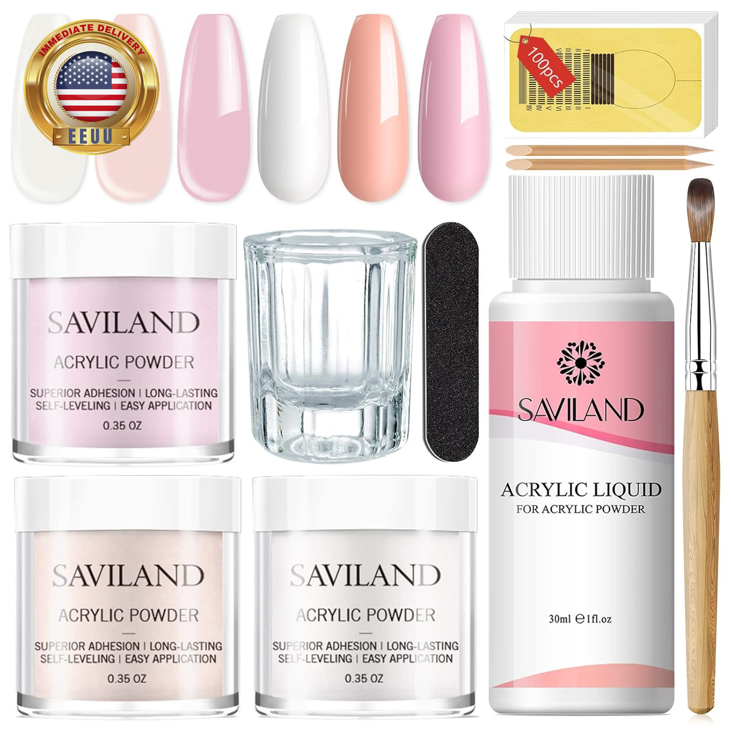 Acrylic Nail Starter Kit: Clear Pink Nude Acrylic Powder & Liquid, Brush, Files,