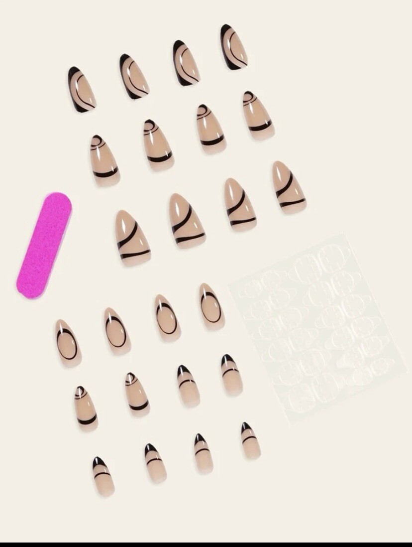 Beige Cream Black Press On Nails Fake Nude Nail False Glue Kit Set 24 Short