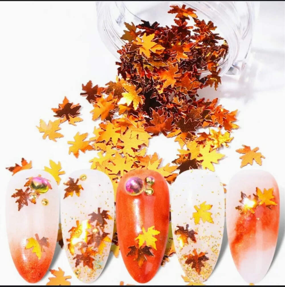 12 Colors Holographic Maple Leaf Nail Art Flakes Fall Leaf Glitter Nail Design