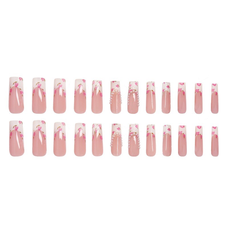 48pcs-Nude Fake Nails with White French Tips, Pink Roses and Pearl Heart Details