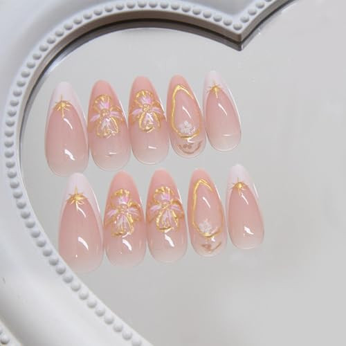 Medium Press on Nails Almond Fake Nails French 1 Fl Oz (Pack of 1) White Gold