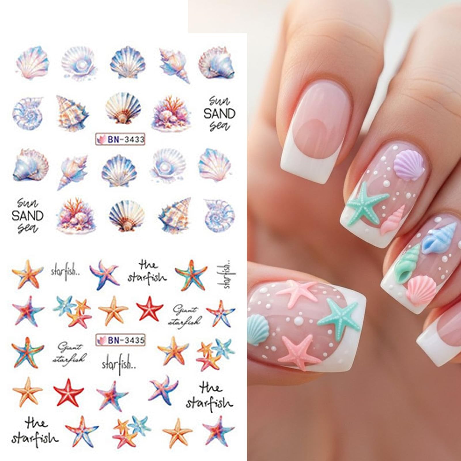 Summer Ocean Water Transfer Nail Stickers, Sea Life Nail Decals with Shell St…