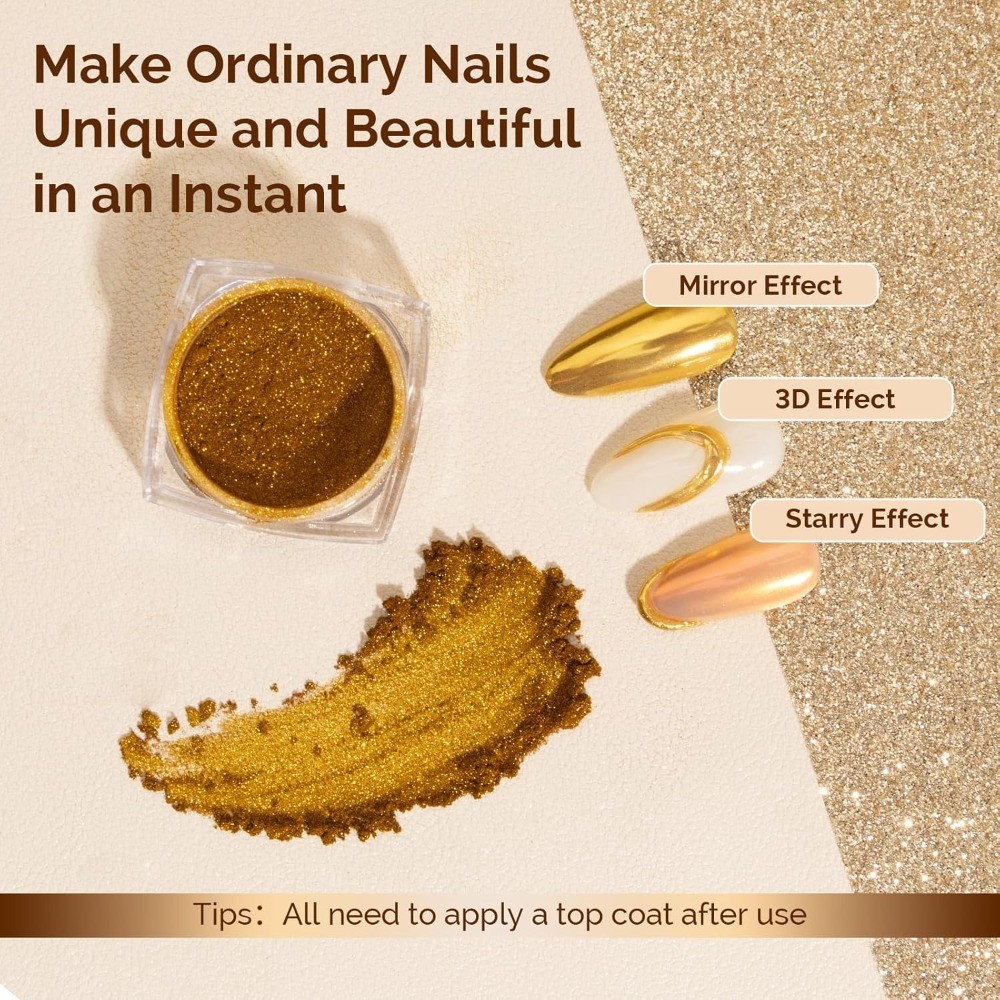 Gold Chrome Nail Powder Mirror Effect Metallic Glitter for Gel Nails DIY Salon