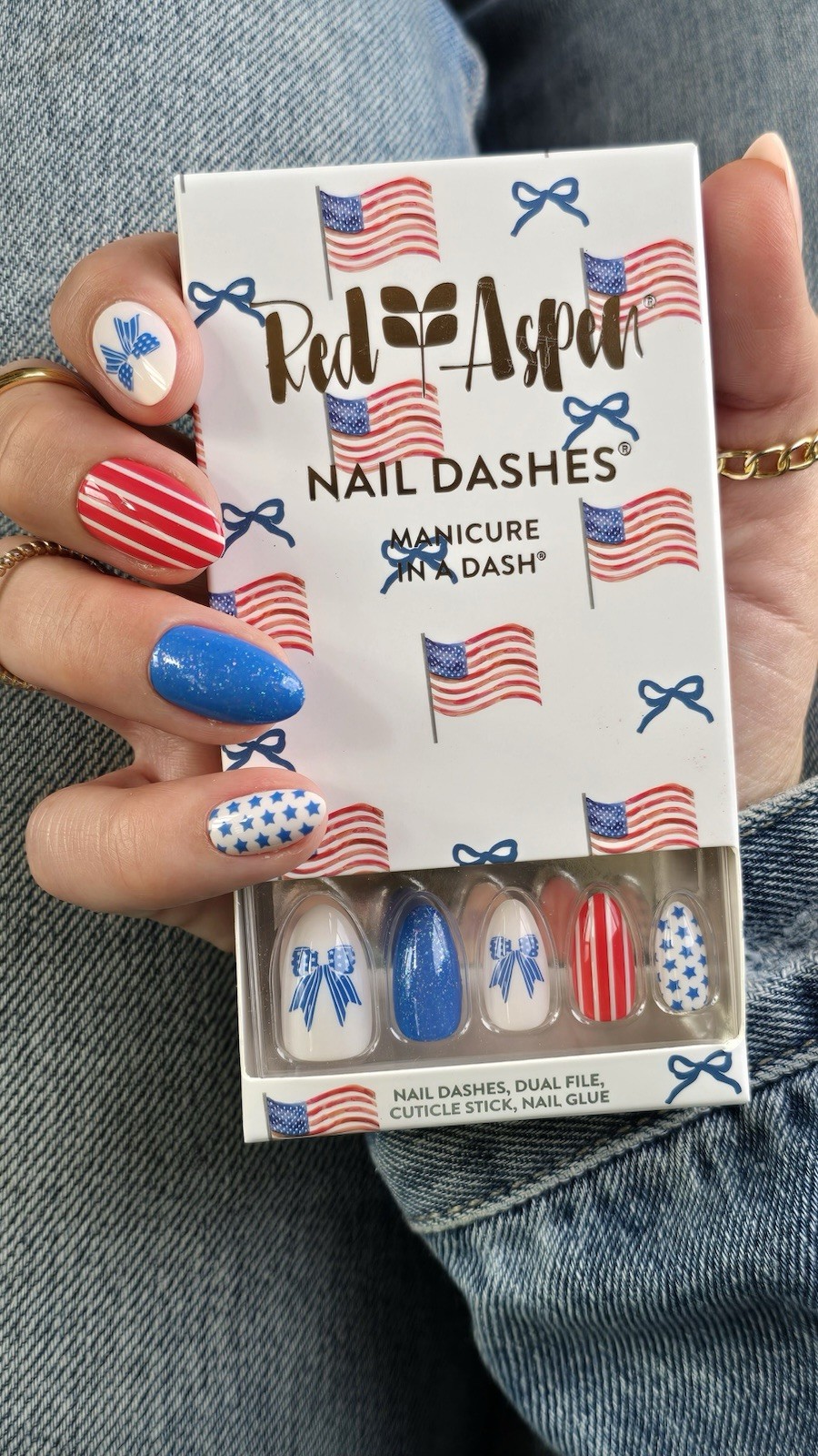 Red Aspen Press On Nails~ Ash Medium Almond Glitter Design NWT July 4th