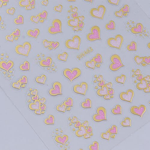 6Sheets Valentines Nail Art Stickers Gold Heart Nail Decals 3D lovely heart