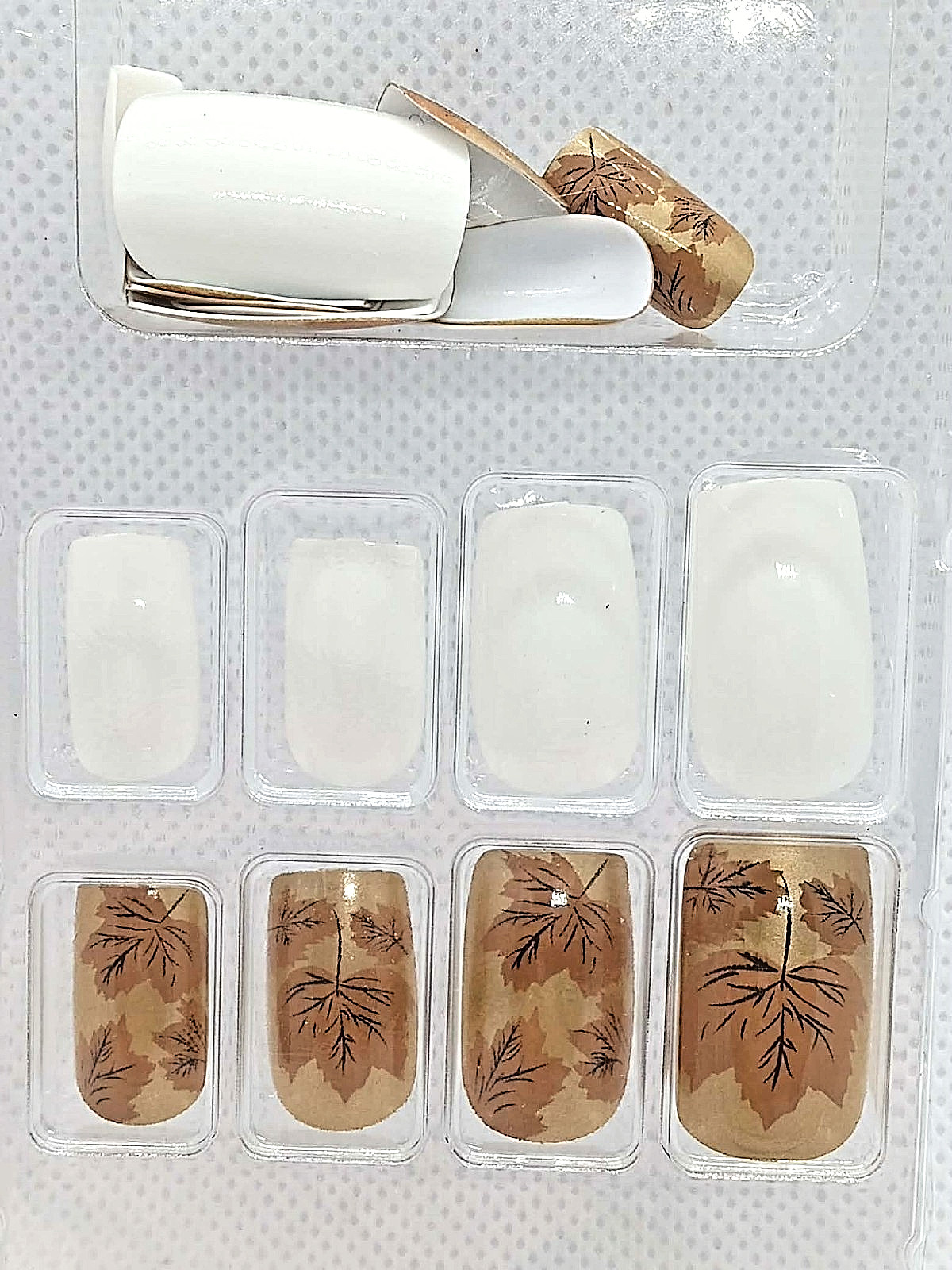 PRESS ON NAILS 24 SIZE LARGE, long SQUARE white/brown fall leaf DISCONTINUED