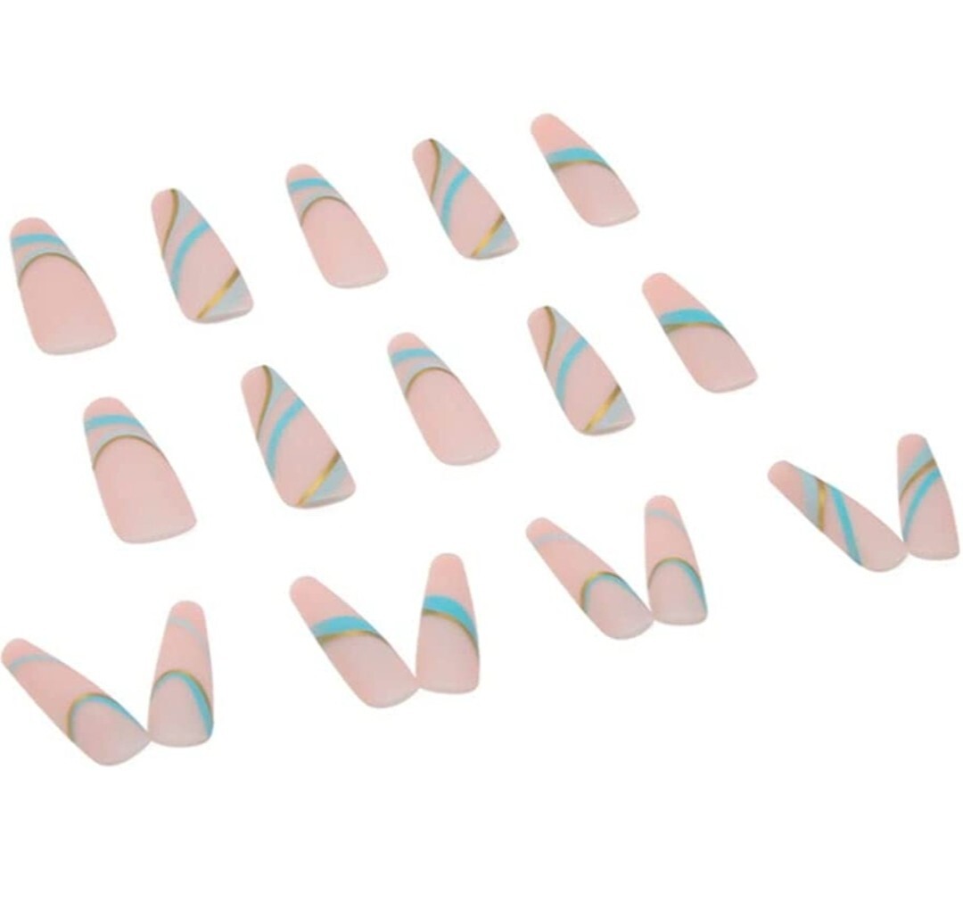 24 Long Nude Turquoise swirl gold Press on nails set matte coffin blue green
