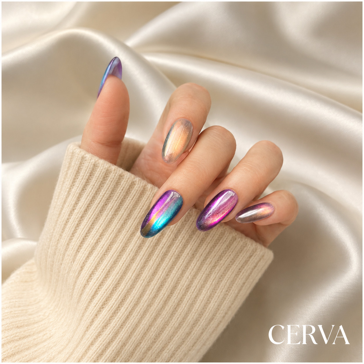 CERVA Aurora Cat Eye Press On Nails Handmade Reusable Galaxy Chrome Nails Luxury