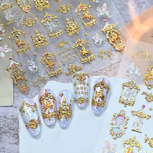 Gold Nail Stickers Horse Nail Decals Carousel with Design 5D Gold Horse