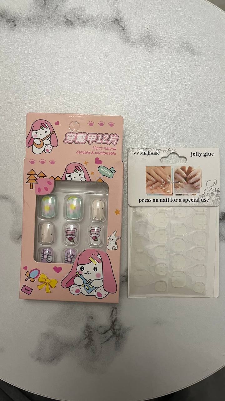 Kawaii Press-On Nail Set + Jelly Glue Tabs Bundle – 12pcs Cute Bunny Fake Nails
